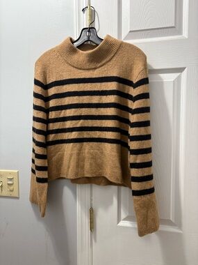 J Crew Striped Mockneck Sweater In Camel & Black Merino Wool/ Alpaca